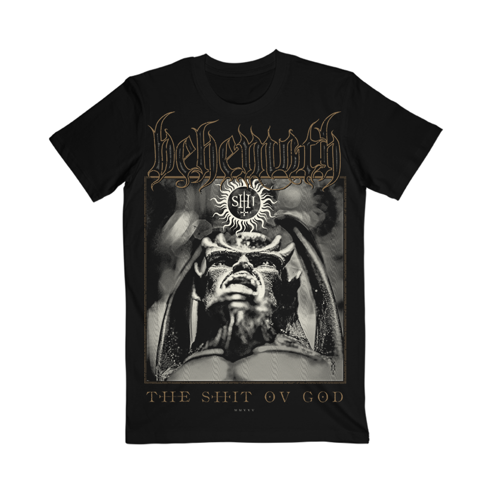 A classic black cotton tee with The Shit Ov God album cover artwork on the front and back, from Behemoth. 