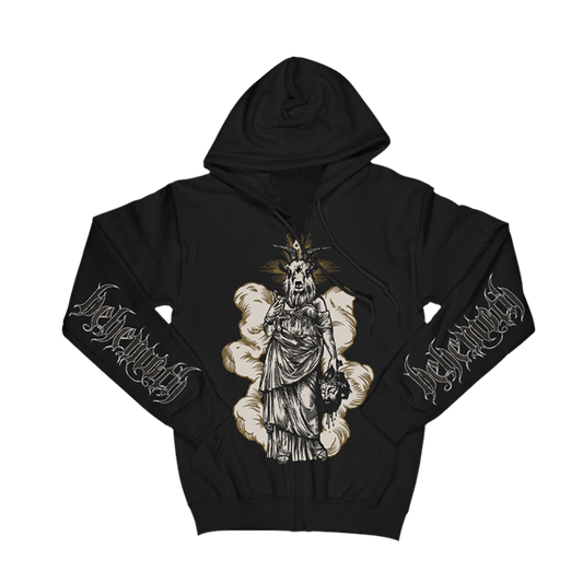 A black zip up hoodie from the official Behemoth store. With screen printed designs along the front, back, and sleeves. Made with an eighty percent cotton, twenty percent polyester fleece blend.