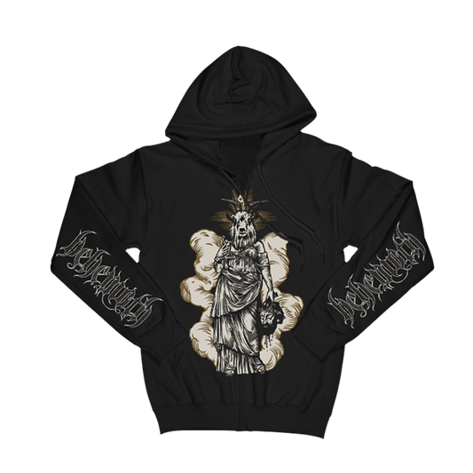 A black zip up hoodie from the official Behemoth store. With screen printed designs along the front, back, and sleeves. Made with an eighty percent cotton, twenty percent polyester fleece blend. 