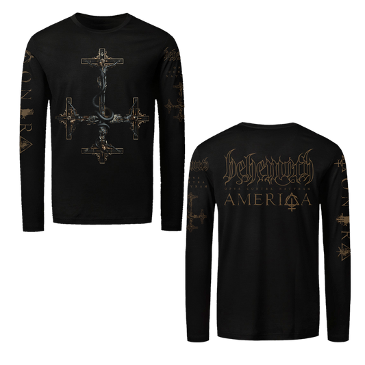 A black long sleeve tee from Behemoth. With graphic design details on the front, back, and sleeves. Made with one hundred percent cotton. 