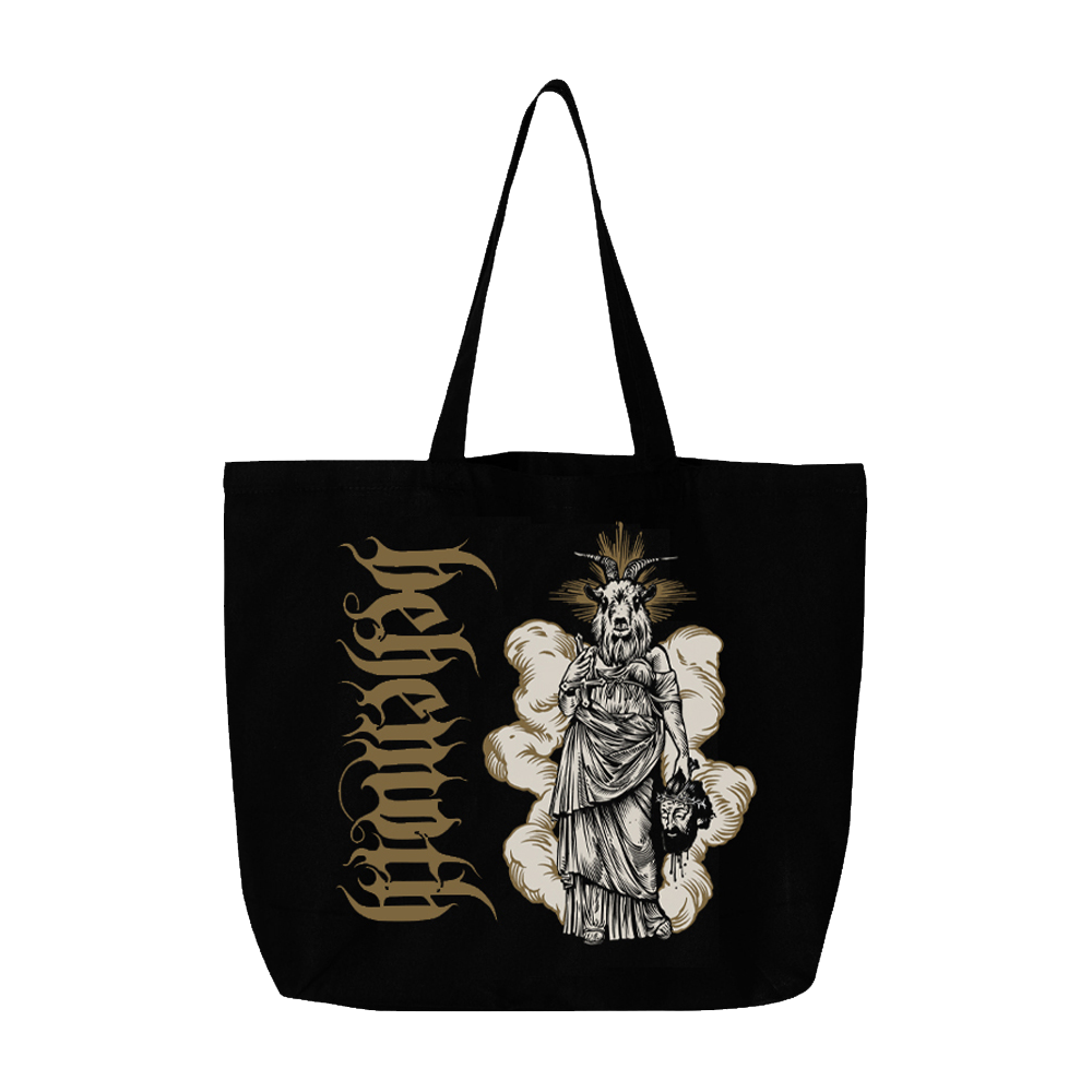 A black cotton canvas tote bag featuring the Behemoth logo and artwork.