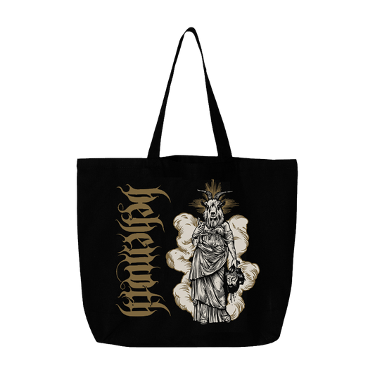 A black cotton canvas tote bag featuring the Behemoth logo and artwork.
