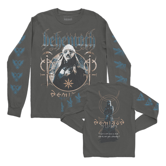 A washed black long sleeve tee from the official Behemoth merchandise store. With screen printed designs on the front, back, and sleeves. Made with one hundred percent pre shrunk cotton. 