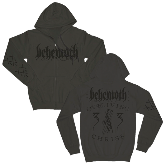A dark olive green zip hoodie from the official Behemoth store. With screen printed designs along the front, back, and sleeves. Made with an eighty percent cotton, twenty percent polyester blend fleece. 