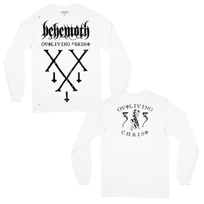 A white long sleeve tee from the official Behemoth store. With black puff paint ink designs.