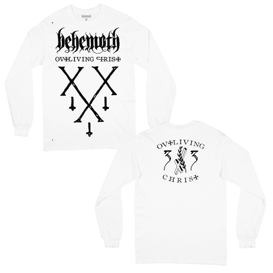 A white long sleeve tee from the official Behemoth store. With black puff paint ink designs.