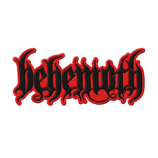 A die cut patch featuring the Behemoth logo in black and red. 
