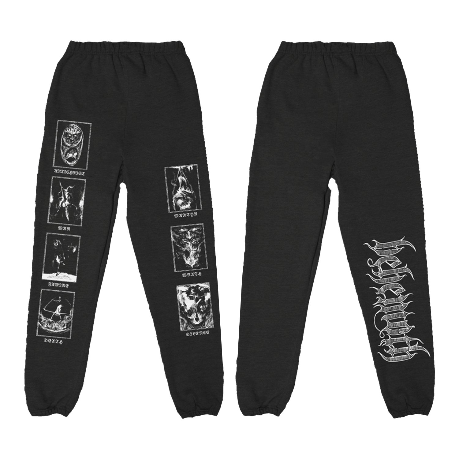 Black jogger sweatpants from the official Behemoth store. With screen printed designs along the legs, an elastic waist, and side pockets. 