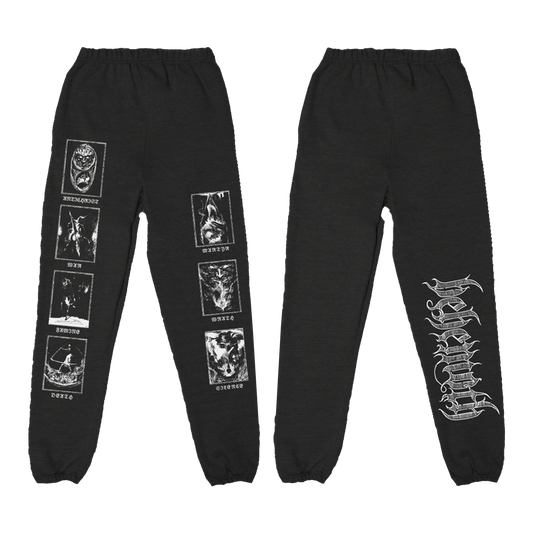 Black jogger sweatpants from the official Behemoth store. With screen printed designs along the legs, an elastic waist, and side pockets. 