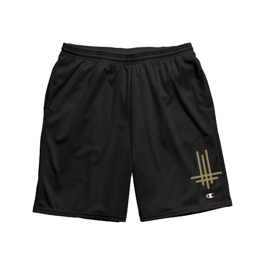 Black Champion shorts with embroidery from the official Behemoth store. With a drawstring waist and side pockets. Made with one hundred percent polyester. 