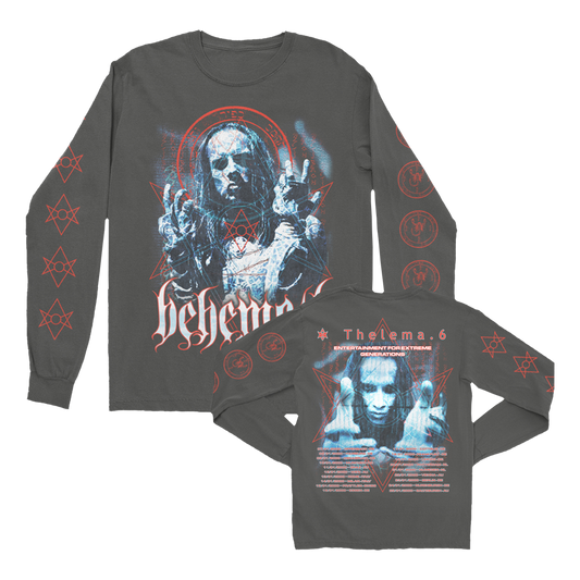 A washed black long sleeve tee from the official Behemoth merchandise store. With screen printed designed on the front, back, and sleeves. Made with one hundred percent pre shrunk cotton. 