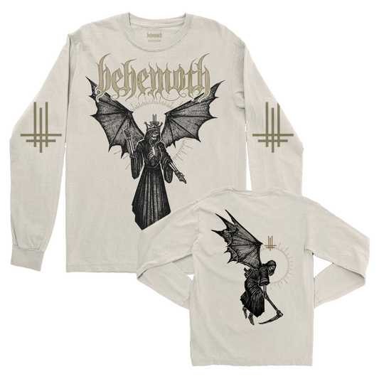 An off white long sleeve tee from the official Behemoth merchandise store. With screen printed designs on the front, back, and sleeves. Made with one hundred percent pre shrunk cotton. 