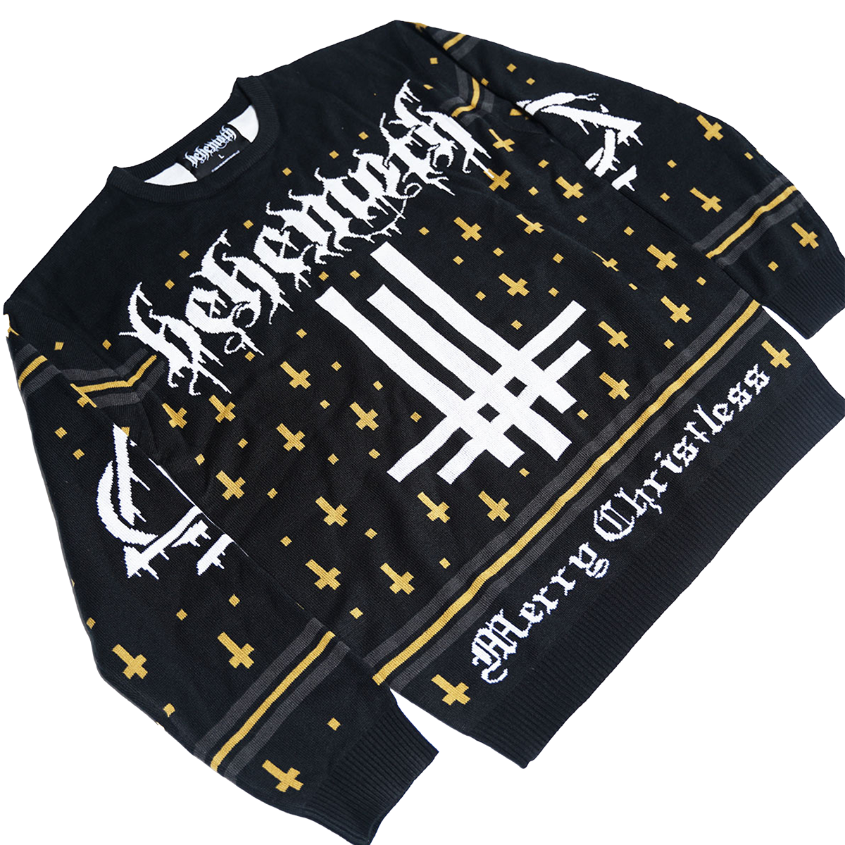 A black holiday sweater from Behemoth, with Merry Christ less and Behemoth logo on the front and back. 