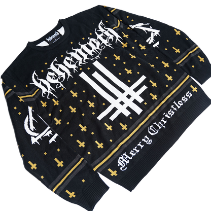 A black holiday sweater from Behemoth, with Merry Christ less and Behemoth logo on the front and back. 