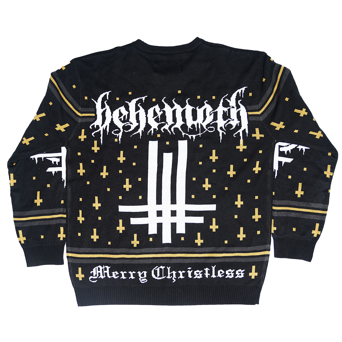 A black holiday sweater from Behemoth, with Merry Christ less and Behemoth logo on the front and back. 