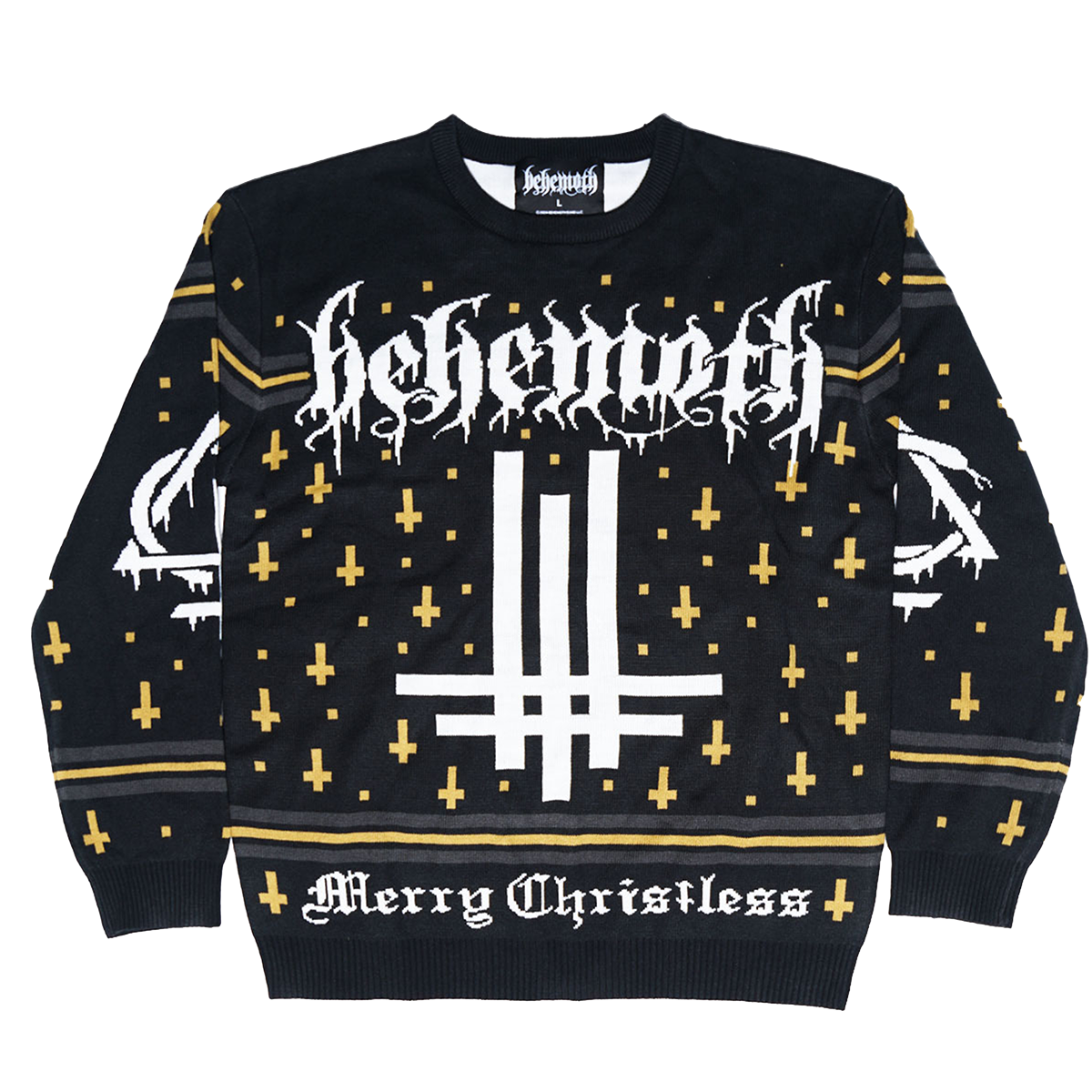 A black holiday sweater from Behemoth, with Merry Christ less and Behemoth logo on the front and back. 