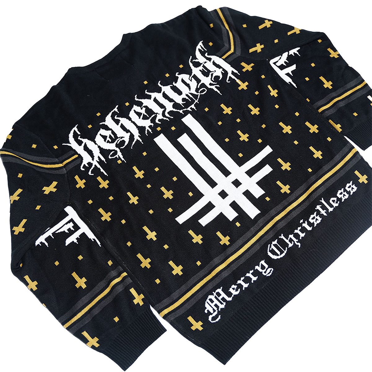 A black holiday sweater from Behemoth, with Merry Christ less and Behemoth logo on the front and back. 