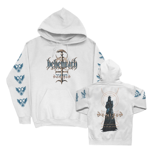 A white Demigod pullover hoodie from the official Behemoth store. With screen printed design along the front, back, and sleeves. Made with an eighty percent cotton, twenty percent polyester blend.
