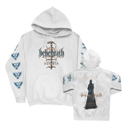 A white Demigod pullover hoodie from the official Behemoth store. With screen printed design along the front, back, and sleeves. Made with an eighty percent cotton, twenty percent polyester blend. 